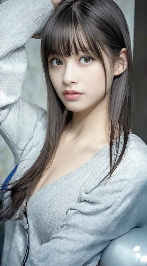 Photorealistic,　high resolution (of an image),
Best quality ,
short hair　ponytail,
shiny skin,
detailed beautiful eyes
cute eyes
Her face is Hashimoto Kanna.
Face like a K-pop idol
chuckle
Erotic naked beautiful woman. 
 Standing slender
wet (moist) body
B...