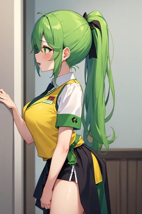 masterpiece, best quality, ultra-high-detailed,  doggystyle, from side, 1boy, 1girl, sex from behind,  Mion Sonozaki, green hair, green eyes, ponytail, white shirt, red necktie, yellow vest,