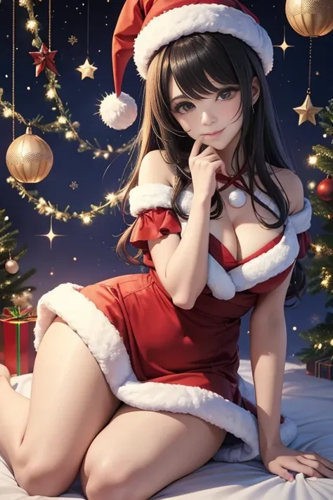 "menina anime, 1 pessoa, cabelos ruivos brilhantes, cabelo na altura dos ombros, olhos vermelhos escuros, santa hat, Fantasia de tubo de Papai Noel, vestido vermelho, seios grandes, discreto, Meias, segurando uma caixa de presente de Natal, Caixa de presen...