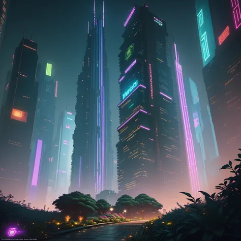 ((Best Quality)), ((Masterpiece)), (Detail: 1.4), Intricate details, Cinematic lighting, Sharp focus, Beautiful garden, (Cyberpunk city background:1.3), Mega buildings, Neon lights,