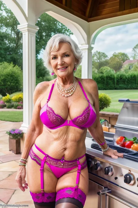 Symmetrical, 8K, RAW Photo, Full body shot Real Beautiful 70 year old sexy grandmother milf mom | Sexy colorful Lingerie, garter, stockings | candid outdoor a sprawling outdoor kitchen entertainment area of mansion estate | Realistic Vision