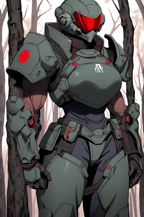 zoomed out view, solider, tall, girl muscular build, sci-fi body armor with shoulder and wrist armor waist armor, heavy plated armor covering the whole body, futuristic ballistic mask and helmet, armor color scheme red and black, burning forest in backgrou...