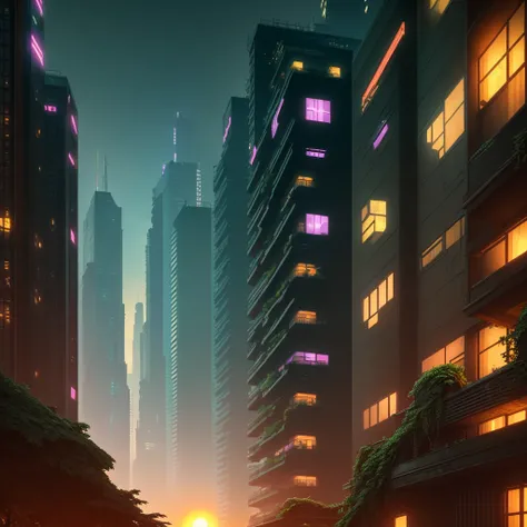 ((Best Quality)), ((Masterpiece)), (Detail: 1.4), Intricate details, Cinematic lighting, Sharp focus, Beautiful garden, Inside a cyberpunk apartment, (Cyberpunk city background:1.3), Sunset,