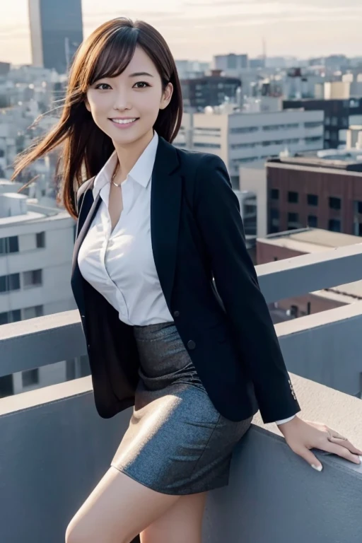 masutepiece, Best Quality, hight resolution,Detailed face,1girl in, Japanese,Small breasts,Smile,( Business Suit,Jacket,pencil skirts:1.1),high-heels,tokyo prefecture, On the rooftop, Overlooking, bustling city,  dense woods, Skyscrapers, a panoramic view,...