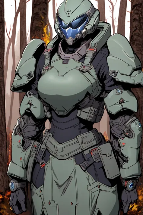 zoomed out view, solider, tall, girl muscular build, sci-fi body armor with shoulder and wrist armor waist armor, heavy plated armor covering the whole body, futuristic ballistic mask and helmet, armor color scheme red and black, burning forest in backgrou...