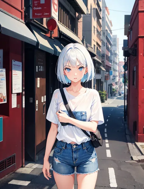 1girl,short hair,blue eyes,wearing plain white shirt, denim shorts, city, absurder, high res, ultrasharp 8k, masterpiece, looking at the viewer