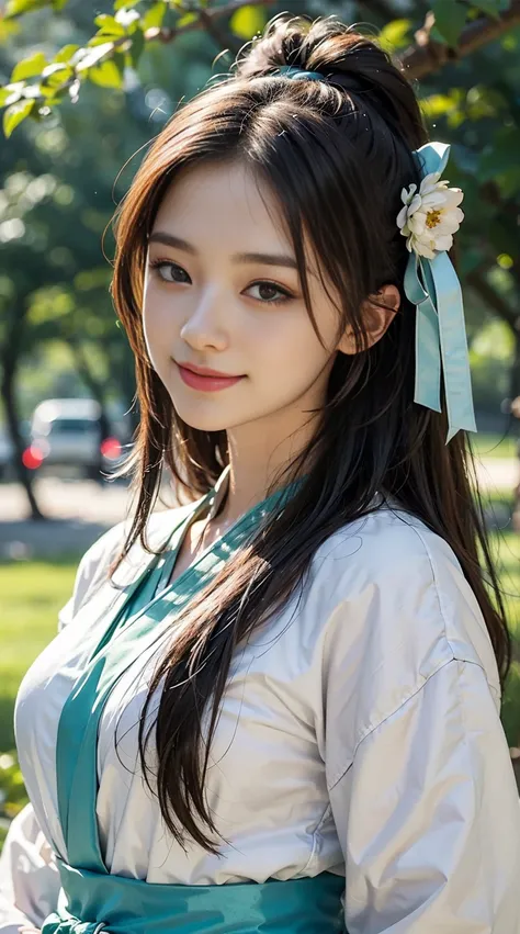 Smiling face，Gorgeous Hanfu，（（best qualtiy，8k，tmasterpiece：1.3））），Clear focus：1.2，（layer cut，The large：1.2），Beautiful Women in Perfect Figure：1.4，，Highly Detailed Face and Skin Textur，Detailed eyes，二重まぶた，long whitr hair