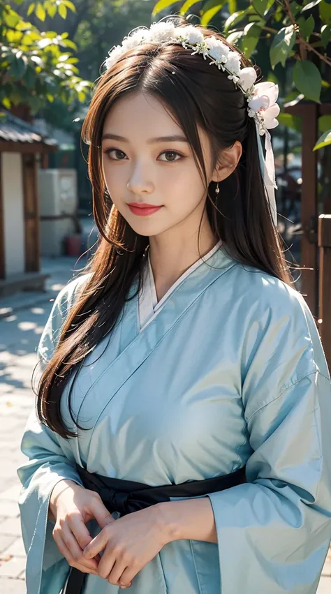 Smiling face，Gorgeous Hanfu，（（best qualtiy，8k，tmasterpiece：1.3））），Clear focus：1.2，（layer cut，The large：1.2），Beautiful Women in Perfect Figure：1.4，，Highly Detailed Face and Skin Textur，Detailed eyes，二重まぶた，long whitr hair