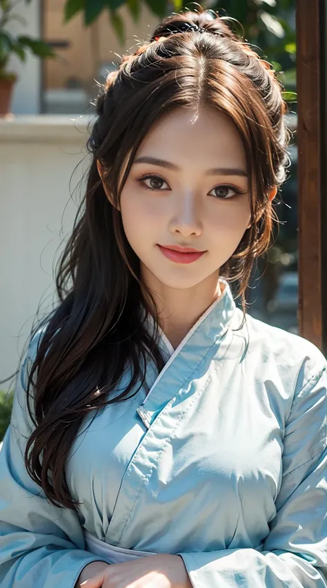 Smiling face，Gorgeous Hanfu，（（best qualtiy，8k，tmasterpiece：1.3））），Clear focus：1.2，（layer cut，The large：1.2），Beautiful Women in Perfect Figure：1.4，，Highly Detailed Face and Skin Textur，Detailed eyes，二重まぶた，long whitr hair