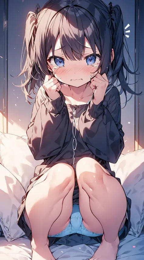 masutepiece, Best Quality,Illustration, Wallpaper, Ultra Detail, Little Face Girl、((fear:1.5))、(Teary-eyed:1.5)、(((Cute underwear)))、She makes me lie down and spread my legs.