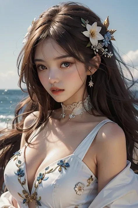 light skinned、brown haired、eyes large、Floral hair ornament、shiny lips、oblique、Dynamic poses、Kamimei、blue outfit、White costume、feminine、The upper part of the body、high-level image quality