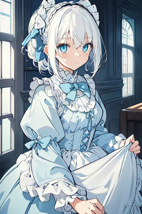 (masutepiece), (Best Quality), Highly detailed, 1 girl, Solo Focus, Perfect face, Anime Beautiful Girl, extra detailed face，(white  hair:1.5)，(Light blue eyes:1.4)，(Light blue Lolita clothes:1.4)，Fluffy，Ren Hao，bow ribbon，frilld