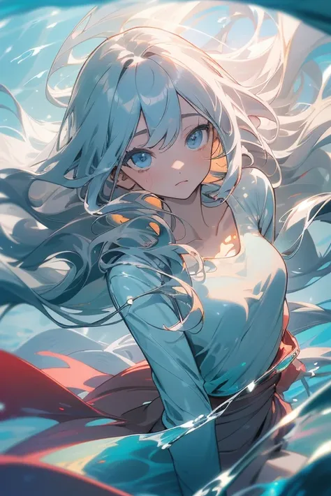 (masutepiece), (Best Quality), Highly detailed, 1 girl, Solo Focus, Perfect face, Anime Beautiful Girl, extra detailed face，(Gray long hair:1.5)，(Light blue eyes:1.4)，(Floating hair:1.4)，under the water，ocean floor，AngelT，foam，Jellyfish，sea weed