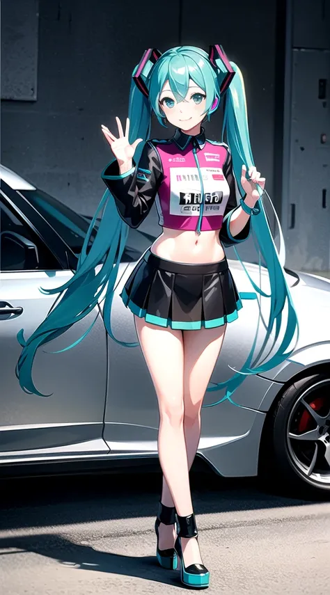 ((Hatsune Miku)), Cute outfit, twintails, mini skirt, high heels, ((race queen)), ((race circuit)), Mercedes-Benz, standing pose, high quality, high resolution, anime illustration