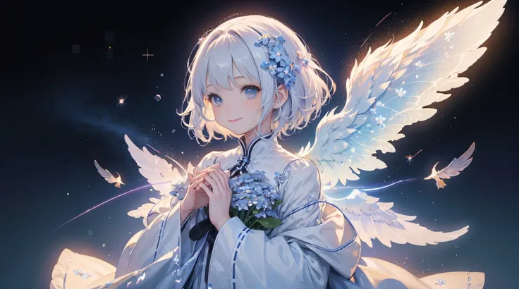 (1girl in:1.3)、(fractal art:1.3)、white  hair、short-hair、spread your shining wings with both hands、embrace your heart、i&#39;ll gi...