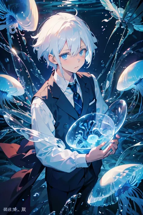 (masutepiece), (Best Quality), Highly detailed, 1 boy, Solo Focus, Perfect face, extra detailed face，white  hair，Blue eyes，Floating hair，under the water，ocean floor，AngelT，foam，Jellyfish，sea weed