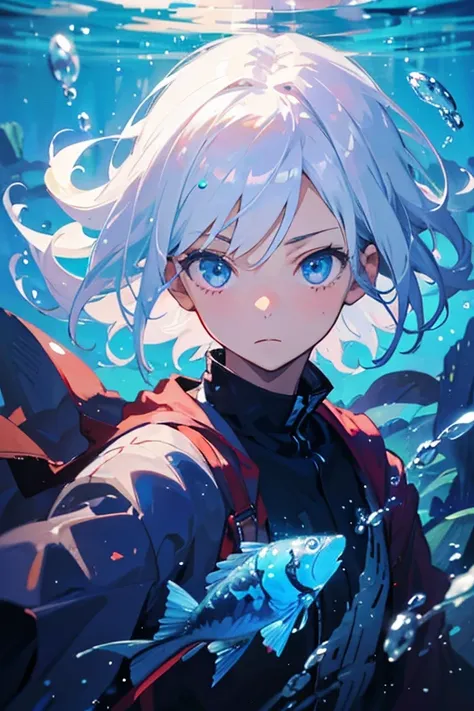 (masutepiece), (Best Quality), Highly detailed, 1 boy, Solo Focus, Perfect face, extra detailed face，white  hair，Blue eyes，Floating hair，under the water，ocean floor，Colorful fish，foam，Jellyfish，sea weed