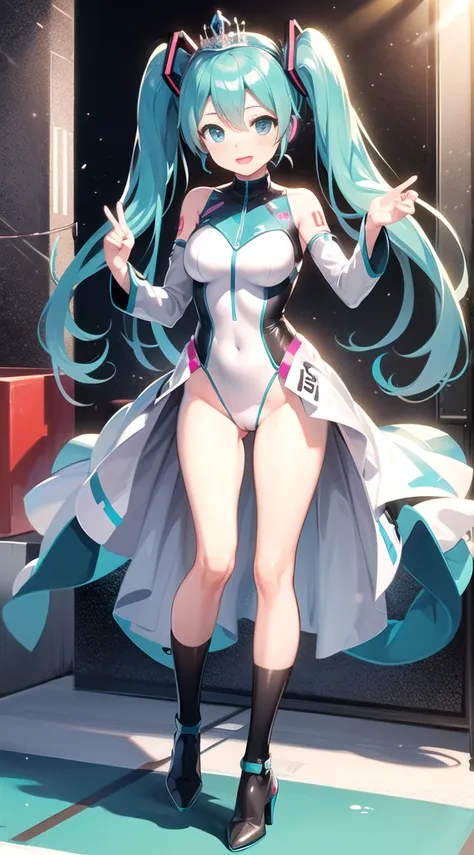 ((Hatsune Miku)), Cute outfit, twintails, high-leg leotard, high heels, ((race queen)), ((race circuit)), Mercedes-Benz, standing pose, high quality, high resolution, anime illustration