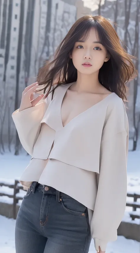 ((Best Quality, 8k, Masterpiece: 1.3)), Focus: 1.2, Perfect Body Beauty: 1.4, Buttocks: 1.2, ((Layered Haircut, Flat Chest: 1.2)), black bandeau, light black skinny jeans, Highly detailed face and skin texture, Delicate eyes, Snow-white skin, Long hair, Fu...