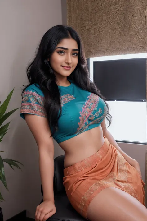 Nivetha Thomas 28 years old beautiful different cute Indian face Indian girl, big bulky m-cup breast, curvy plus size body figure, Ethnic Tribal Patterns Embroidery different colorful t-shirt, different colorful Ethnic Tribal Patterns Embroidery Wearing a ...