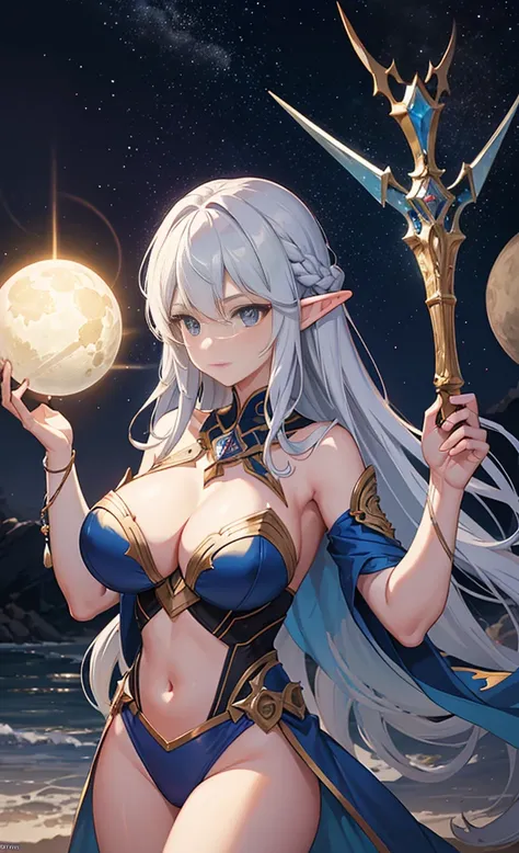 the hair，Nice face，blue bikini armor，Heterochromatic pupil，fully body photo，half moon，under moonlight，(tmasterpiece:1.1),(Best quality:1.1),(HighDynamicRange:1),ambient light,Super girl, mystical elf, looking into crystal ball, holding mysteries, showing a...