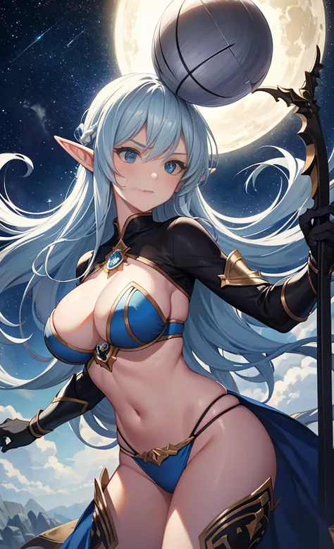 the hair，Nice face，blue bikini armor，Heterochromatic pupil，fully body photo，half moon，under moonlight，(tmasterpiece:1.1),(Best quality:1.1),(HighDynamicRange:1),ambient light,Super girl, mystical elf, looking into crystal ball, holding mysteries, showing a...