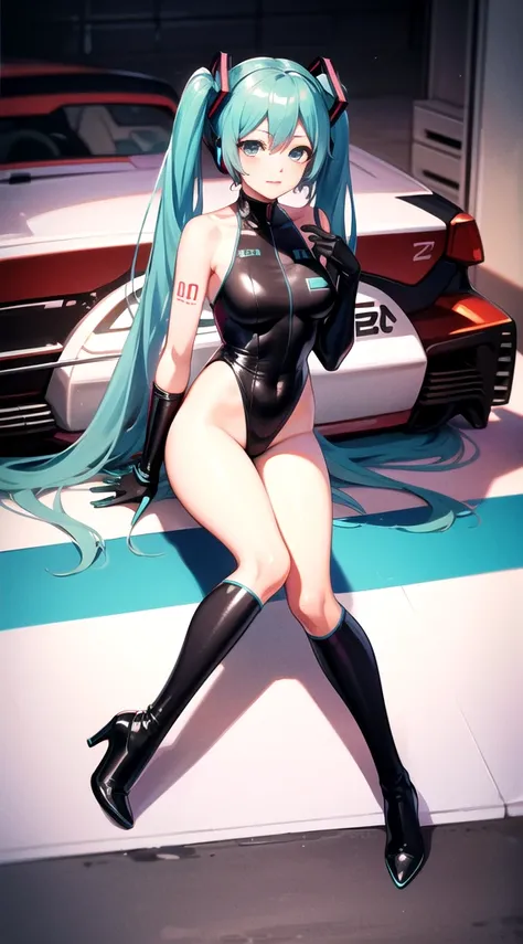 ((Hatsune Miku)), sexy outfit, twintails, high-leg leotard, knee-high socks, high heels, ((race queen)), ((race circuit)), Mercedes-Benz, sexy pose, high quality, high resolution, anime illustration