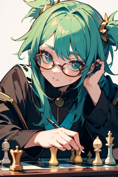 ((best quality)), ((master part)), (circunstanciado), rosto perfeito, anime girl, play chess, nerd, Glasses, Greenhead,