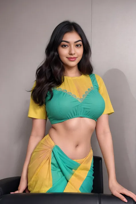 Nazriya Nazim 28 years old beautiful different cute Indian face Indian girl, big bulky m-cup breast, curvy plus size body figure, Bohemian Styles Embroidery different colorful t-shirt, different colorful Bohemian Styles Embroidery Wearing a Banarasi saree ...