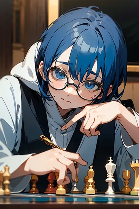 ((best quality)), ((master part)), (circunstanciado), rosto perfeito, anime girl, play chess, nerd, Glasses, bluehead,