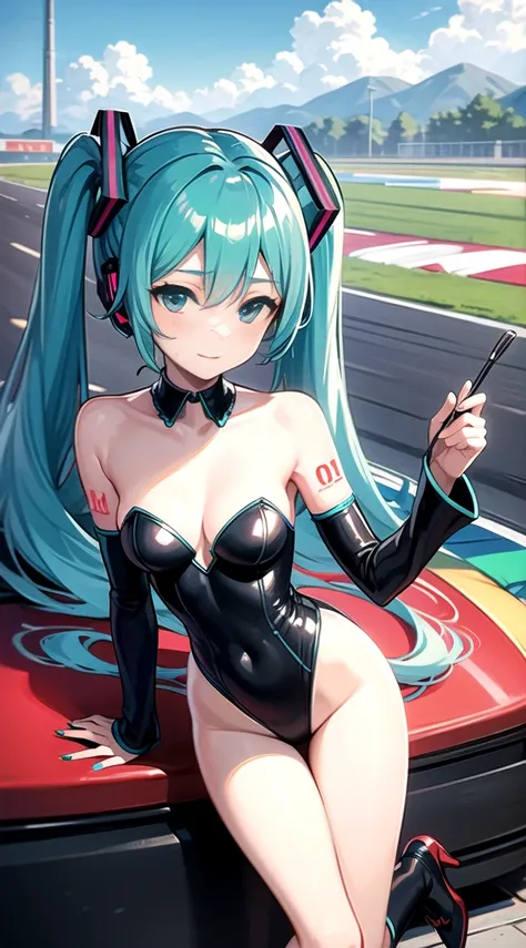 ((Hatsune Miku)), sexy outfit, twintails, high-leg leotard, stocking, high heels, ((race queen)), ((race circuit)), Mercedes-Benz, sexy pose, high quality, high resolution, anime illustration