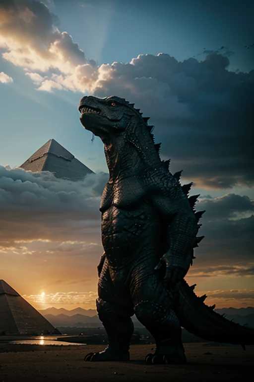 Godzilla standing next to the great pyramid of giant photorealistic excellent quality professional photography cinematic wide angle shot