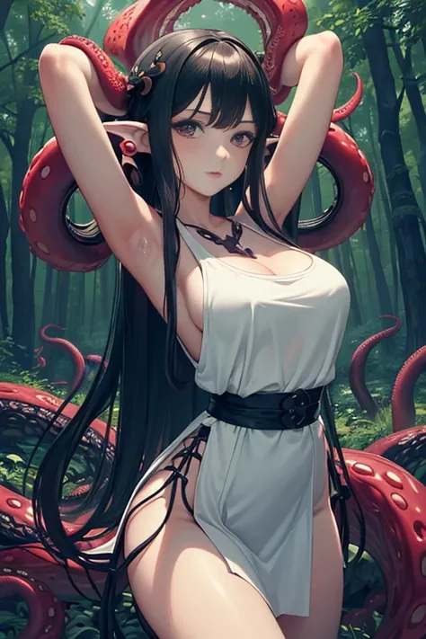 ((masterpiece)), ((best quality)), (ultra-detailed), ((sexy)),NSFW, forest,a cute girl, 1girl, solo, (white tanktop dress),((tentacles bound arms)),restrained ,(monster),(((Many tentacles wrap around the waist))),beautiful black hair, beautiful black eyes,...