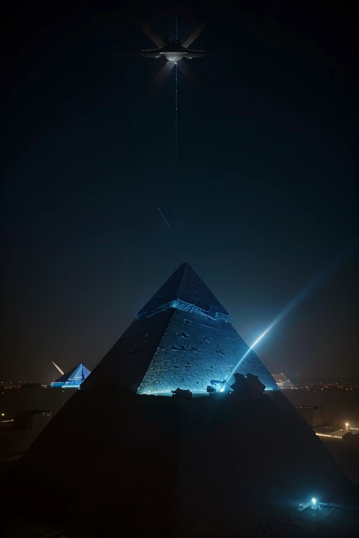 3 alien spaceships hovering over the great pyramids of giza, absorbing blue energy from the top of the pyramids hyper detailed alien ships intricat in design photo realistic Excellent depiction glowing alien ships being charged from the pyramids profession...