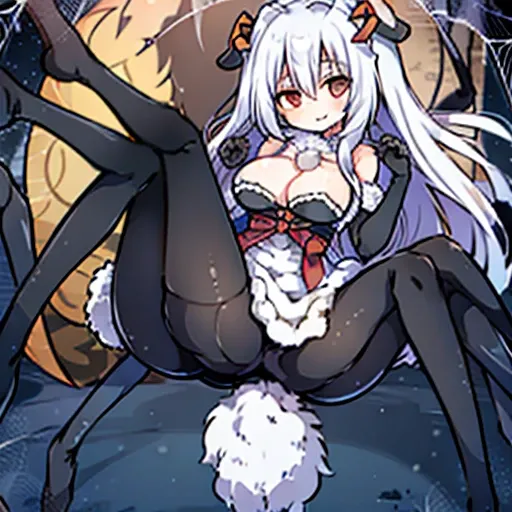 Female creatures, (Arachne), ((Multiple legs)), ((tarantula&#39;Thick legs wrapped around my neck)), White fur, Highest Quality, (Whole body), masutepiece, Ultra-fine illustration, slender , Fluffy cave, spider webs, spider webs，1girl in(Captive)（A large a...