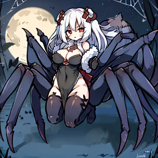 Female creatures, (Arachne), ((Multiple legs)), ((tarantula&#39;Thick legs wrapped around my neck)), White fur, Highest Quality, (Whole body), masutepiece, Ultra-fine illustration, slender , Fluffy cave, spider webs, spider webs，1girl in(Captive)（A large a...