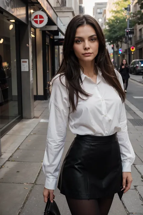 1girl, Solo, One woman of about 25 years old,face similar to Michelle Pfeiffer, black long hair, Close-up portrait, Hazel eyes,shirt with long sleeves, black skirt, black pantyhose, standing outside, street photography, mature woman, body measurement 36-25...