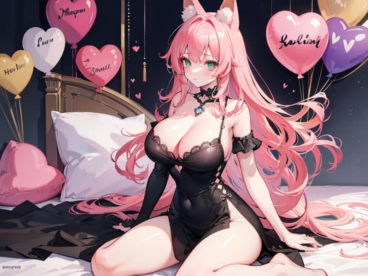 High quality, masterpiece, ultra-detailed, highly detailed outfit, choker, without bra, very tight evening dress, 1girl, solo, peaceful expression, long pink hair, fox ears, enchanting green eyes, ridiculously large breasts, laying on bed, bedroom, many he...