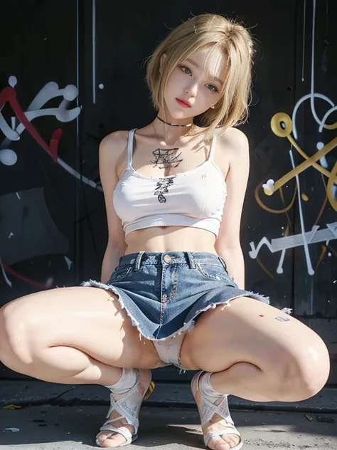 8K, highest quality, high resolution: 1.1), bright blonde hair, American woman, legs apart, smiling, legs spread, lying down, squatting, panties visible, white underwear crotch cloth visible, skirt turned up, ((torn and tattered damaged jeans, tight minisk...