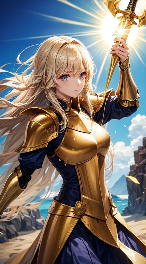 hightquality、Deities々Right、Female knight with the sun behind her、a blond、Gold armor、Hair on the shoulders、A sword that emits light