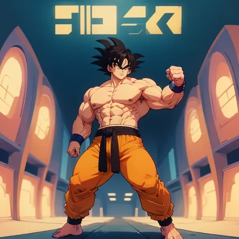 (eine detaillierte zeichnung von son goku, bodybuilding gym.), shirtless, barefoot