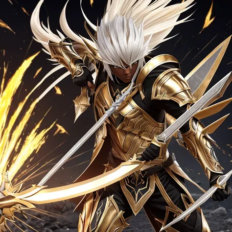 Jovem negro com espada negra com chamas de fogo, gold and silver sagittarius armor, cabelos negros e olhos negros,