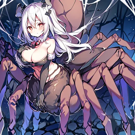 Female creatures, (Arachne), ((Multiple legs)), ((tarantula&#39;Thick legs wrapped around my neck)), White fur, Highest Quality, (Whole body), masutepiece, Ultra-fine illustration, slender , Fluffy cave, spider webs, spider webs，girl with(1人)(Captive)（A la...