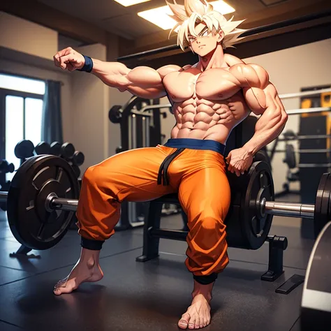 (Eine detaillierte Zeichnung von Son Goku, bodybuilding gym.), shirtless, barefoot