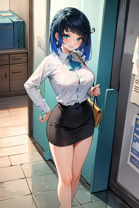 ((masterpiece, best quality)), (1girl),((mature female)), blue hair, ((office lady )),bangs,middle breast,(busty),slim,smile, [wide hips],office,standing