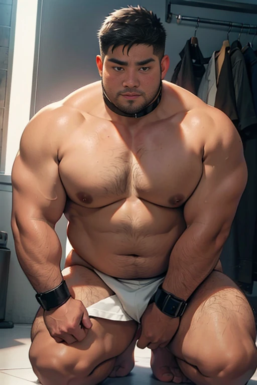 Best quality, tmasterpiece, A high resolution, Fat guy with muscles, naked,with a round face, Black colored eyes, black hair color short hair，doggy style，choker，kneel down，strong limbs，chubby，