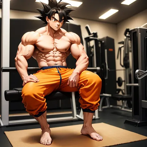 (Eine detaillierte Zeichnung von Son Goku, bodybuilding gym.), shirtless, barefoot