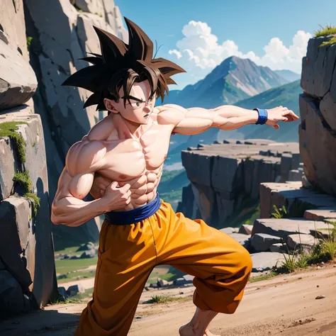 (eine detaillierte zeichnung von son goku, bodybuilding gym.), shirtless, barefoot