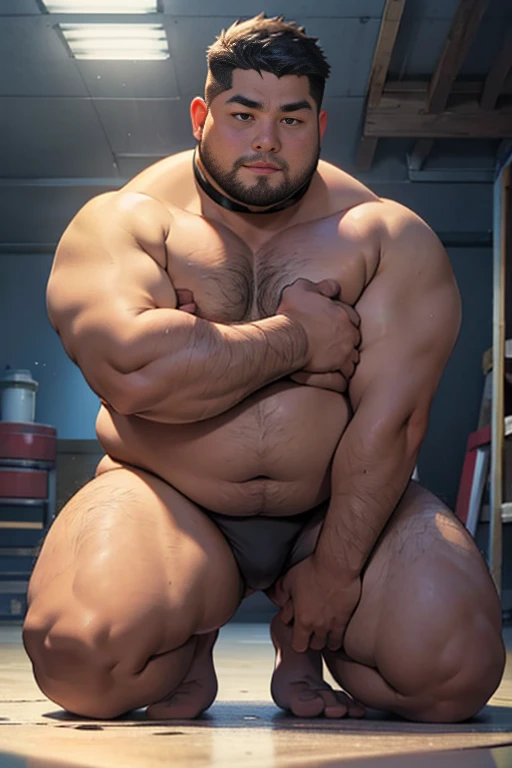 Best quality, tmasterpiece, A high resolution, Fat guy with muscles, naked,with a round face, Black colored eyes, black hair color short hair，doggy style，choker，kneel down，strong limbs，chubby