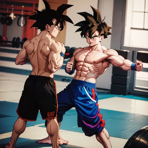 (eine detaillierte zeichnung von son goku, bodybuilding gym.), shirtless, barefoot, mma, boxing